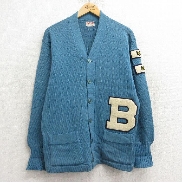 M/古着 長袖 ビンテージ レタード ニット カーディガン メンズ 50s B  