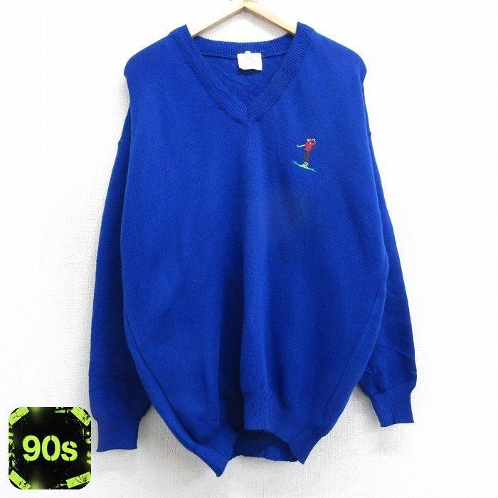 M/古着 長袖 セーター メンズ 90s ゴルフ アクリル Vネック 青 ブルー 