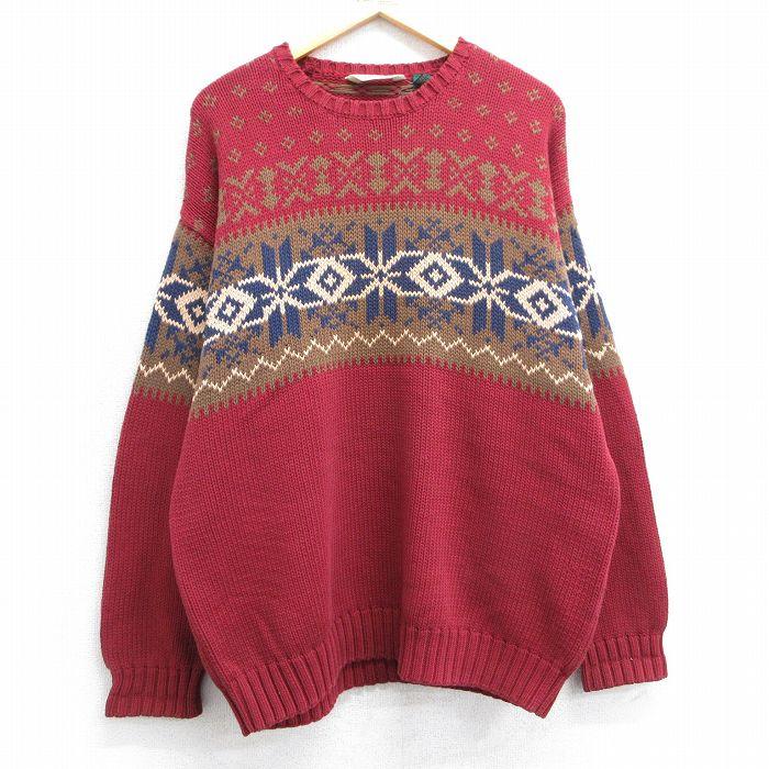 L/古着 長袖 ノルディック セーター メンズ 90s 雪柄 コットン クルー