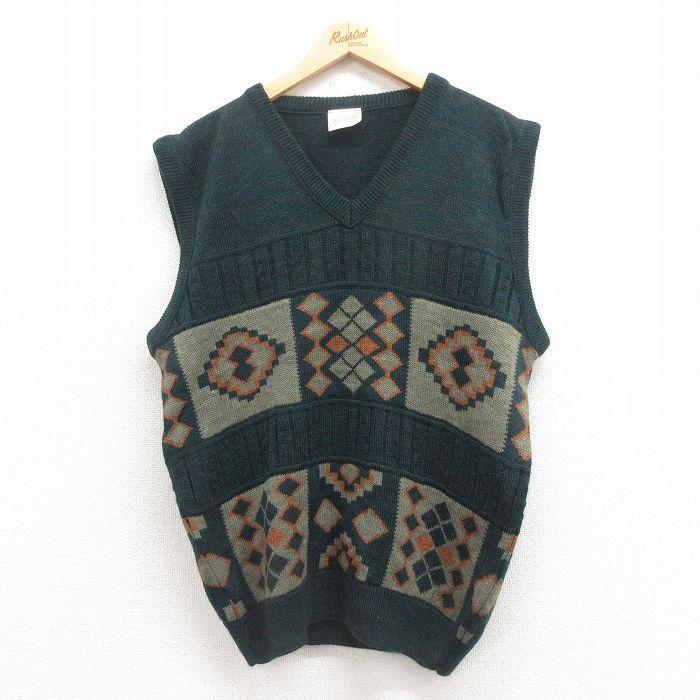 L/古着 ニット ベスト メンズ 80s ネイティブ柄 ラグ柄 Vネック 緑