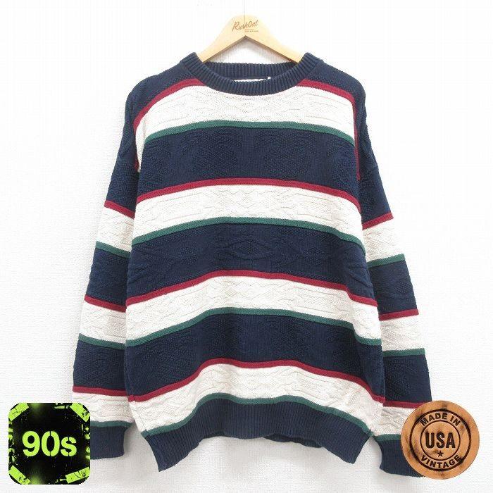 XL/古着 長袖 セーター メンズ 90s ネイティブ柄 ラグ柄 コットン 