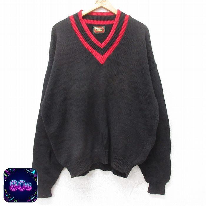 XL/古着 長袖 チルデン セーター メンズ 80s Vネック 黒他 ブラック 