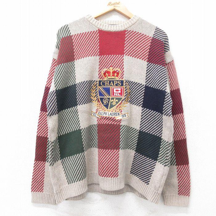 L/古着 ラルフローレン Ralph Lauren チャップス 長袖 ブランド セーター メンズ 90年代 90s ビッグロゴ 刺繍 コットン クルーネック 薄茶他 ブラウン チェック 【spe】 25sep11 中古 ニット トップス POLO RALPH LAUREN（ポロ・ラルフローレン） L/古着 ラルフローレン