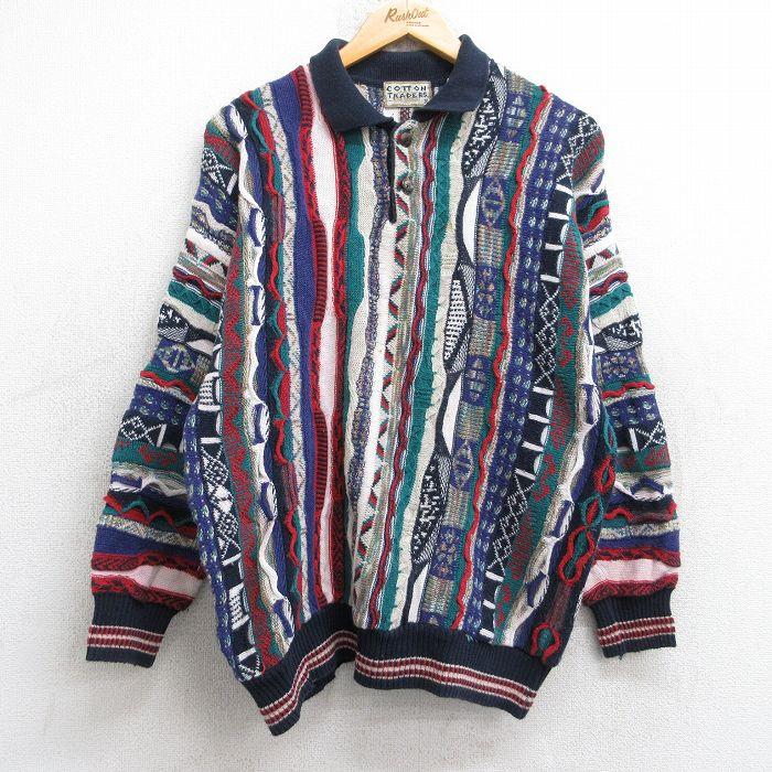 M/古着 COTTON TRADERS 長袖 セーター メンズ 90s 3Dニット 襟付き 紺
