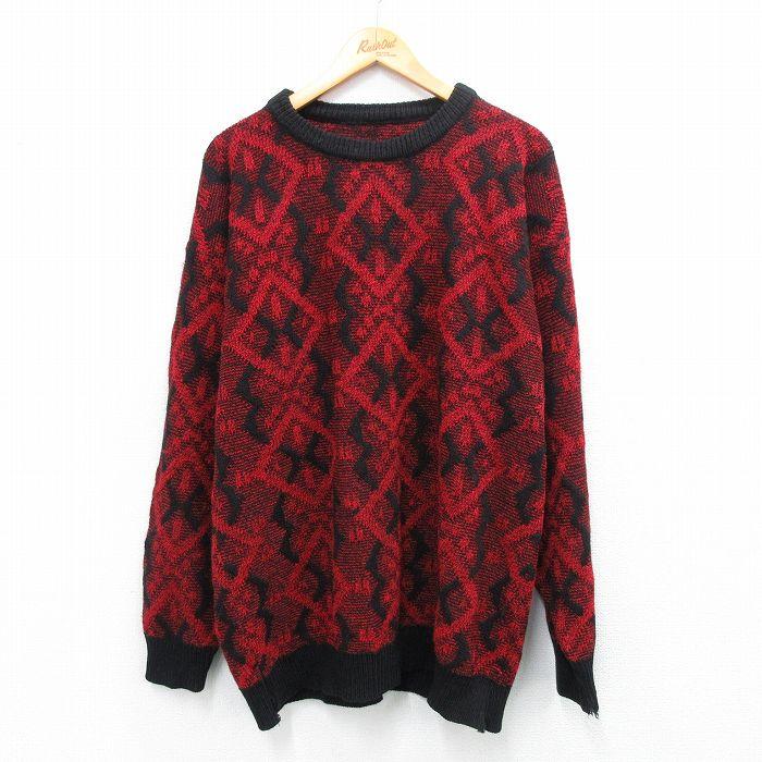 XL/古着 長袖 セーター メンズ 80s 総柄 アクリル クルーネック 赤他