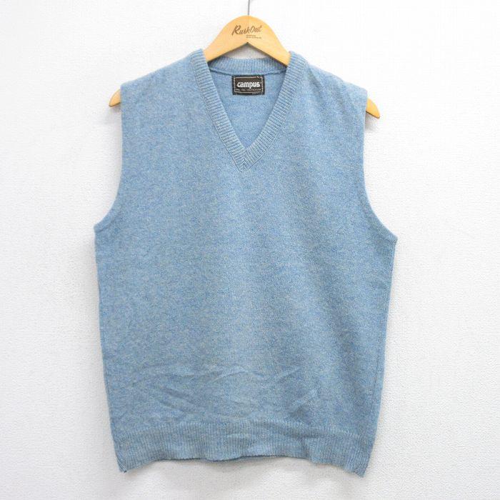 M/古着 キャンパス ニット ベスト メンズ 80s ウール Vネック 薄紺
