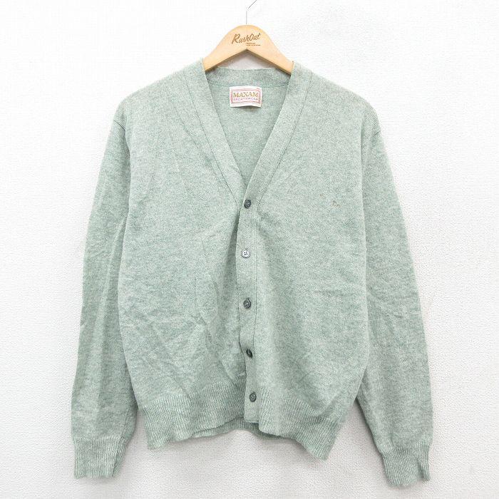 M/古着 長袖 ニット カーディガン メンズ 80s 無地 ウール 薄緑系