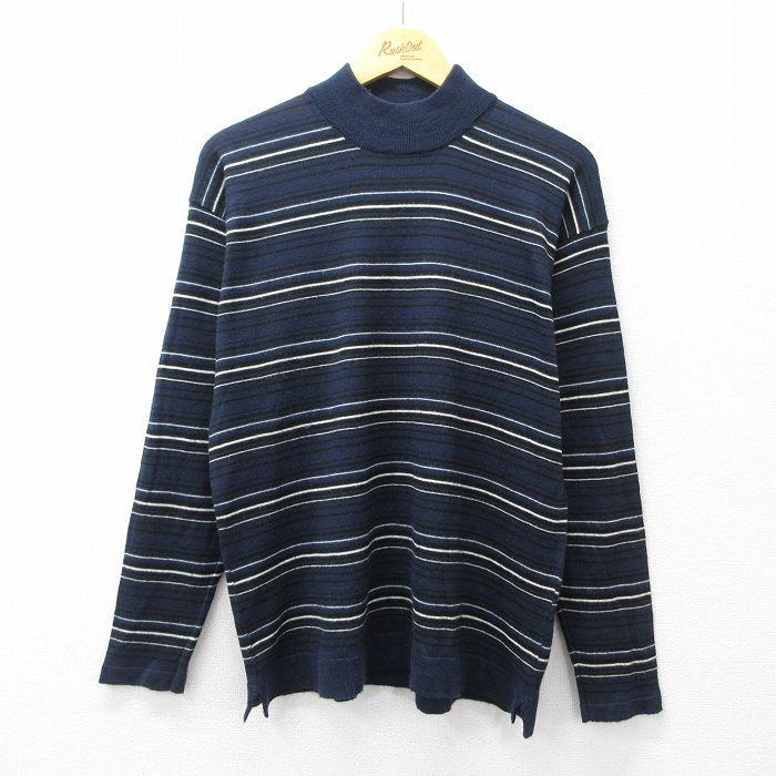 ネイビーハイネックニット 長袖 M/古着 長袖 セーター メンズ 90s モックネック ハイネック 紺他