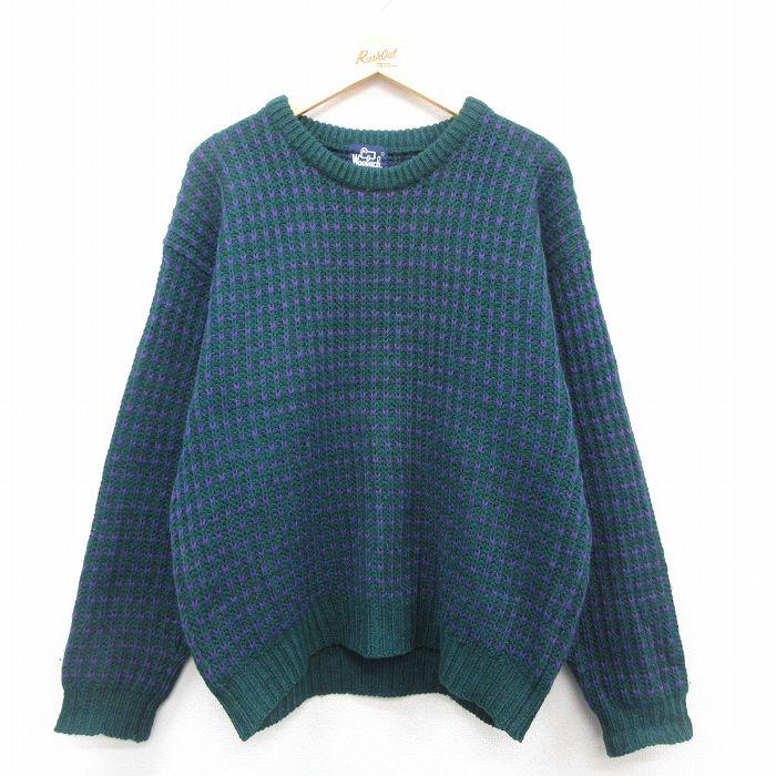 L/古着 ウールリッチ WOOLRICH 長袖 セーター メンズ 90年代 90s バーズアイ ウール クルーネック 緑他 グリーン 【spe】 25oct14 中古 ニット トップス WOOLRICH（ウールリッチ） 【50%OFF】L/古着 長袖 セーター メンズ 90s
