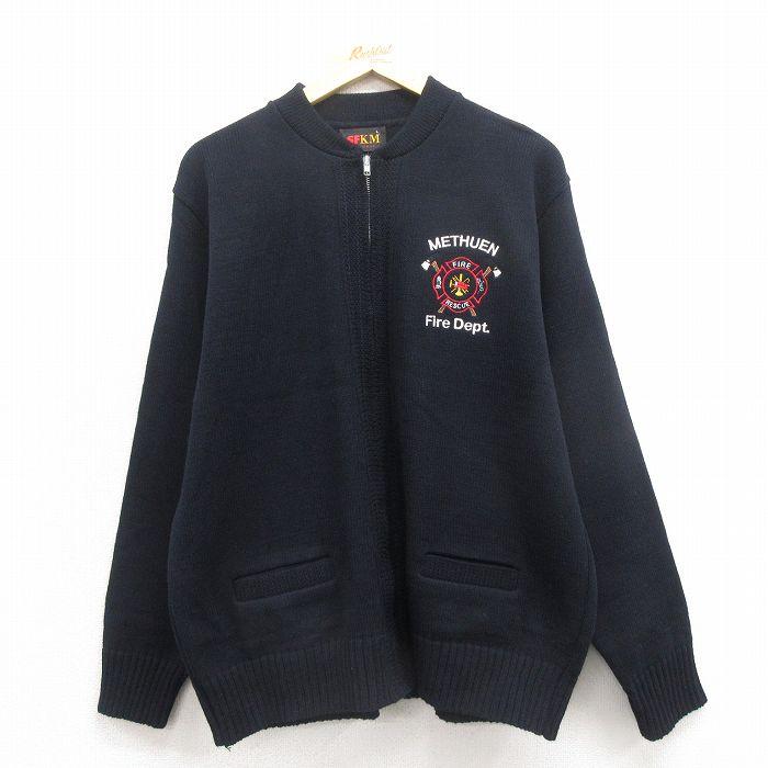 L/古着 長袖 ニット カーディガン メンズ 80s 消防署 アクリル 黒