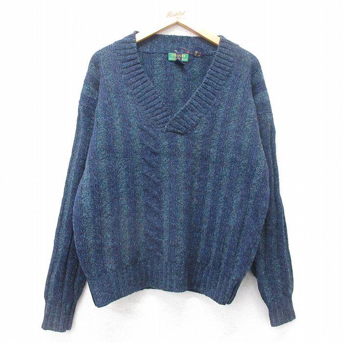 L/古着 長袖 セーター メンズ シェットランドウール Vネック 紺他