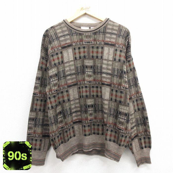L/古着 長袖 セーター メンズ 90s クルーネック こげ茶他 ブラウン 