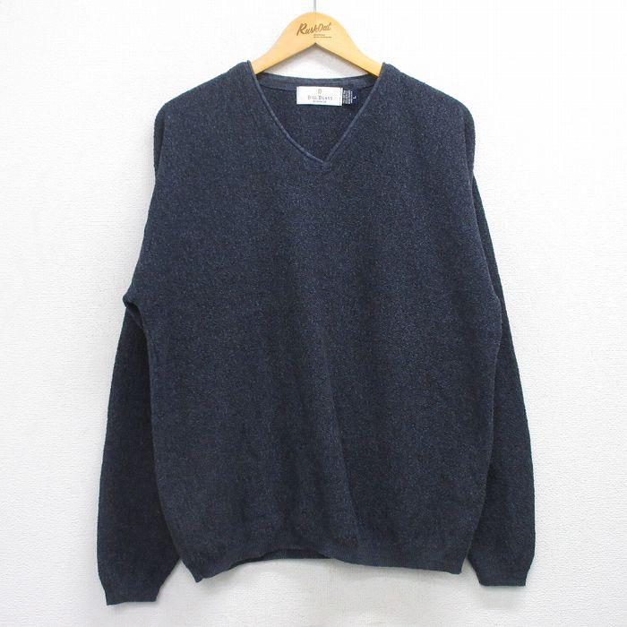L/古着 長袖 セーター メンズ 90年代 90s 手織り Vネック USA製 紺