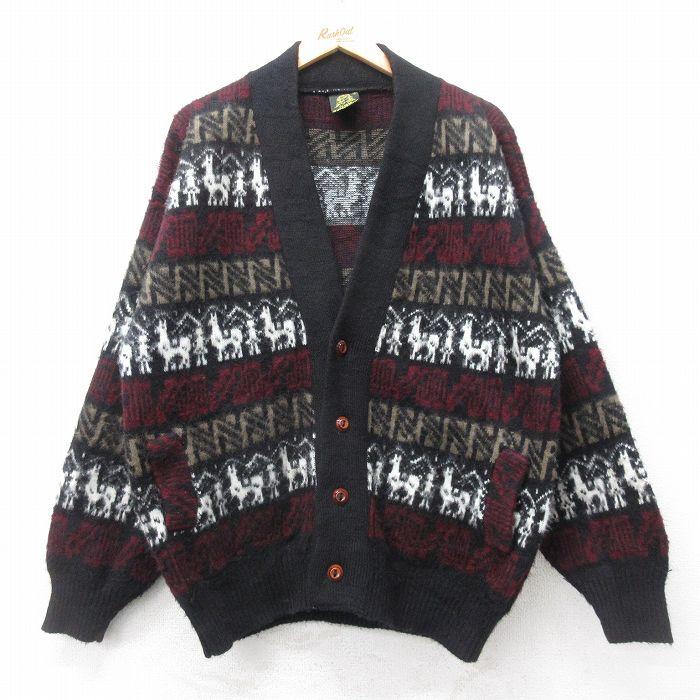 XL/古着 長袖 ニット カーディガン メンズ ラマ ウール エクアドル製 黒他【spe】 26jan15 XL/古着 長袖 ニット カーディガン メンズ ラマ ウール エクアドル製