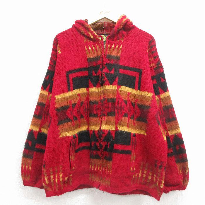 XL/古着 TEJIDOS RUMINAHUI 長袖 フルジップ ニット カーディガン メンズ ネイティブ柄 エクアドル製 赤【spe】 26jan22 XL/古着 TEJIDOS RUMINAHUI 長袖 フルジップ ニット カーディガン