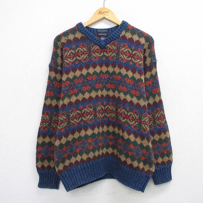 L/古着 長袖 セーター メンズ 90年代 90s フェアアイル インディゴ 手編み ハンドニット コットン Vネック 紺他【spe】 26feb04 20%OFF】L/古着 長袖 セーター メンズ 90年代 90s フェアアイル