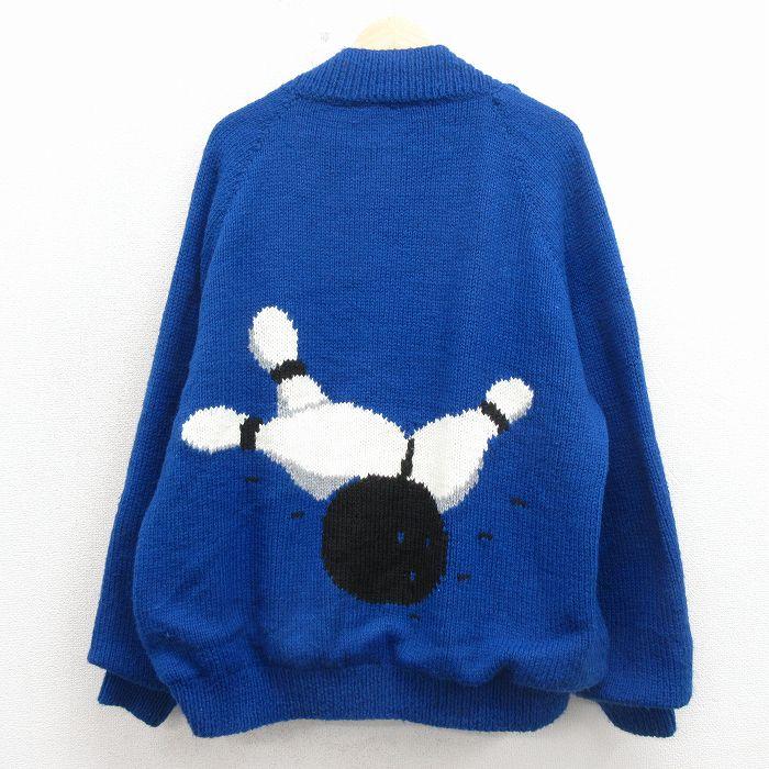 XL/古着 長袖 フルジップ カウチン ニット カーディガン メンズ 80年代 80s ボウリング 大きいサイズ ラグラン 青【spe】 26apr15 XL/古着 長袖 フルジップ カウチン ニット カーディガン メンズ 80年代
