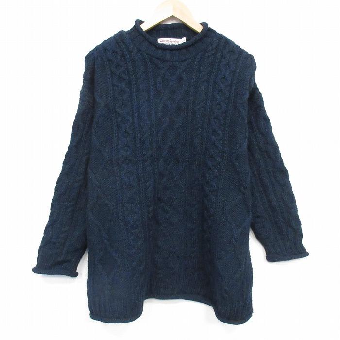 XL/古着 長袖 アラン フィッシャーマン ケーブル セーター メンズ 大きいサイズ ウール クルーネック アイルランド製 紺系 霜降り【spe】 26feb25 XL/古着 長袖 アラン フィッシャーマン ケーブル セーター メンズ