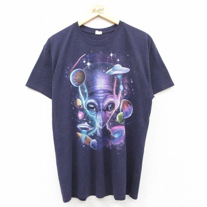 50%OFF】L/古着 半袖 Tシャツ メンズ 宇宙人 クルーネック 紫系 