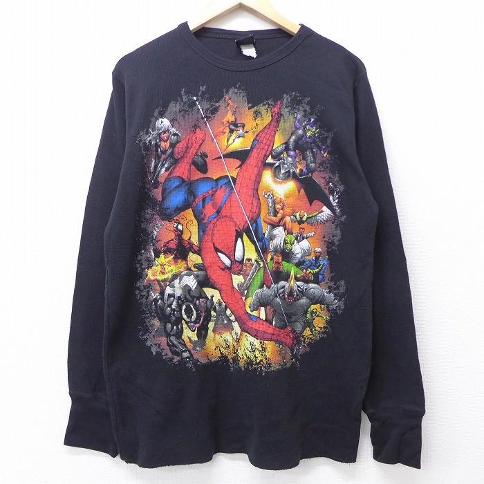 L/古着 長袖 サーマル Tシャツ 00s DCコミックス スパイダーマン 黒 