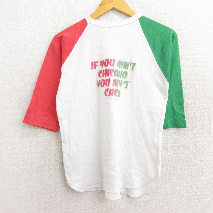 M/古着 7分袖 ビンテージ Tシャツ メンズ 80s VEL フロッキープリント  