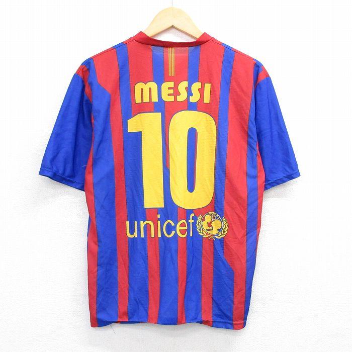 バルセロナ メッシ 10番 半袖シャツ L/古着 半袖 Tシャツ メンズ バルセロナ メッシ 10 Vネック 青他