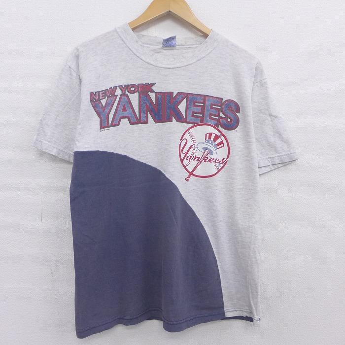 L/古着 半袖 ビンテージ Tシャツ 90s MLB ニューヨークヤンキース ツートンカラー コットン クルーネック グレー 霜降り メジャーリーグ  ベースボール 野球 【sp :tsv20063208:古着屋RUSHOUT - 通販 - Yahoo!ショッピング