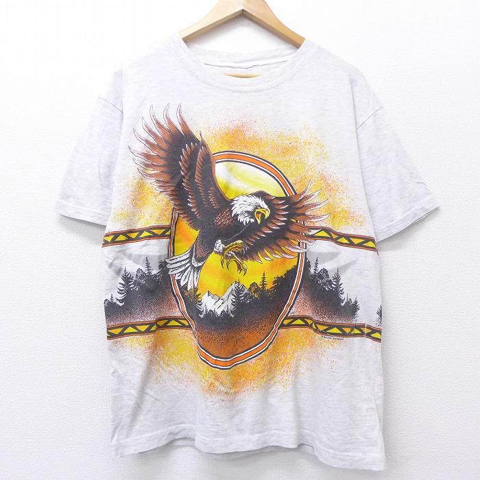 XL/古着 半袖 ビンテージ Tシャツ 90s ワシ クルーネック 薄グレー