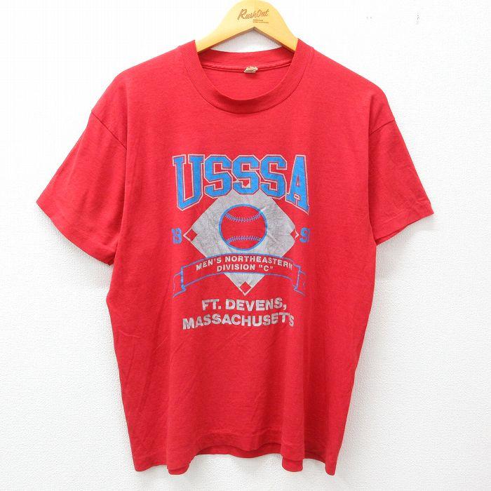 L/古着 半袖 ビンテージ Tシャツ メンズ 90s USSSA 野球 ボール クルーネック 赤 レッド 23mar14 中古