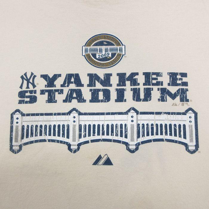 L/古着 マジェスティック 半袖 ビンテージ Tシャツ メンズ 00s MLB ニューヨークヤンキース コットン クルーネック 薄ベージュ カーキ メジ｜furugiyarushout｜02