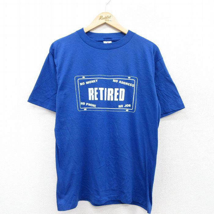 L/古着 半袖 ビンテージ Tシャツ メンズ 90s RETIRED クルーネック 青
