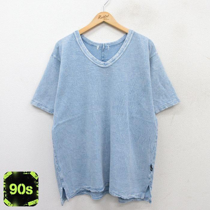XL/古着 半袖 ビンテージ Tシャツ メンズ 90s EZZE WEAR Vネック 薄紺