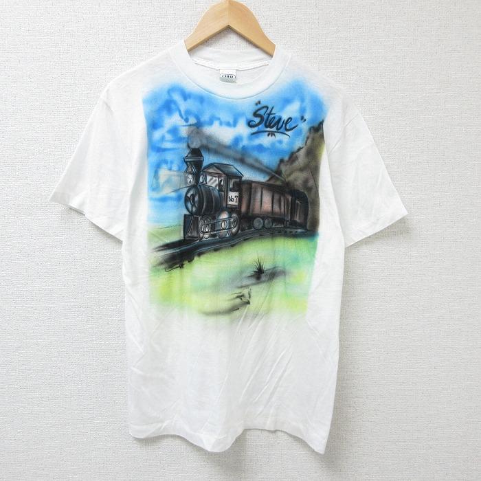 M/古着 半袖 ビンテージ Tシャツ 80s 汽車 エアブラシ クルーネック 白