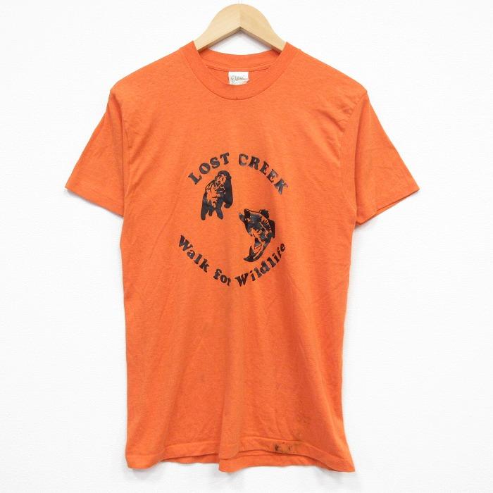 M/古着 半袖 ビンテージ Tシャツ メンズ 80s クマ 魚 クルーネック 