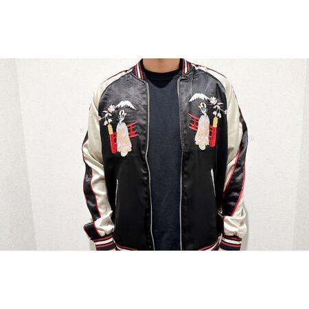 ふるさと納税 日本地図と舞妓柄刺繍リバーシブルスカジャン　サイズはS・M・L・XL・XXL 服 おしゃれ かっこいい ヴィンテージ 刺繍 横須賀【.. 神奈川県横須賀市の画像