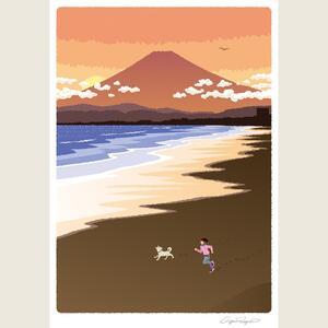 ふるさと納税 湘南・茅ヶ崎で描く、海を感じるイラストアート 『 湘南ランドスケープ11：湘南の富士と夕焼けの軌跡 』 ジークレーアートフレ.. 神奈川県茅ヶ崎市_4