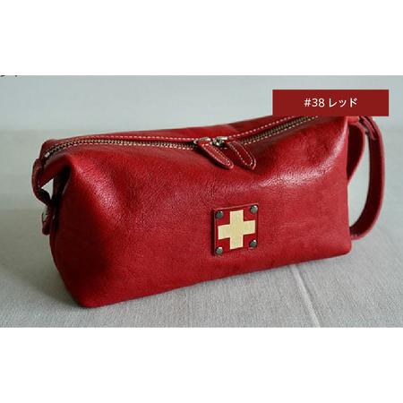 ふるさと納税 木の庄帆布 小物入れ ラウンドポーチ K-KHG-WBP01T #38 RED(レッド) - レザーのなめらか感を引き出すボックスポーチ 大阪府東大阪市