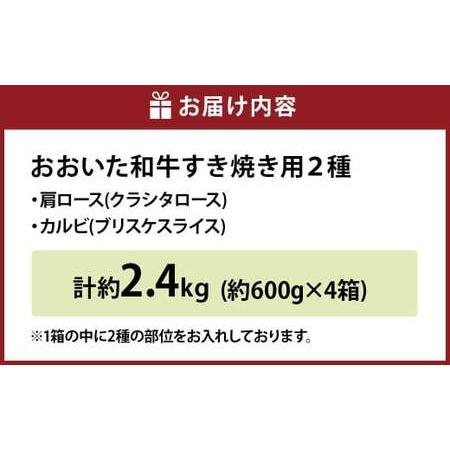 ふるさと納税 【6ヶ月定期便】おおいた和牛鋤焼き用 2種 約2.4kg（約600g×4箱）（クラシタロース・ブリスケスライス）×6回 計約14.4.. 少なからず県竹田市