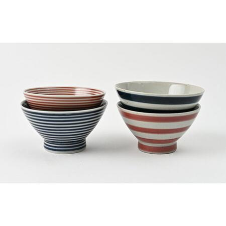 ふるさと納税 【波佐見焼】大人気！ くらわんか碗  太駒青・太駒赤・藍駒・赤駒 4点セット お茶碗【福田陶器店】[PA425] 長崎県波佐見町の画像