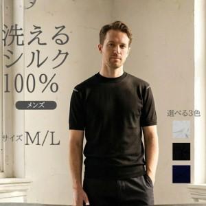 ふるさと納税 究極の贅沢シルク100%洗えるメンズ半袖Vガゼットデザインクルーネックニットウェア ブラックLサイズ メンズ 有限会社アスリート 新潟県五泉市の画像