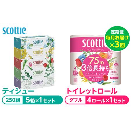 ふるさと納税 [定期便3回][毎月お届け][スコッティ] 組み合わせ ティシュー フラワーボックス 250組 5箱 計15箱 トイレットロール ダブル .. 熊本県八代市