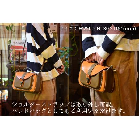 ふるさと納税 ミニバッグコンビ（ショルダー付）【オリーブ×ライトブラウン】牛革 鞄[H-02700303] [BFAJ060] 福井県小浜市の画像