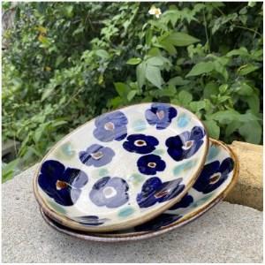 オーバル皿　２枚　エドメ陶房　やちむん　沖縄 ふるさと納税 ヤチムン オーバル皿花紋 2枚セット エドメ陶房【1375092