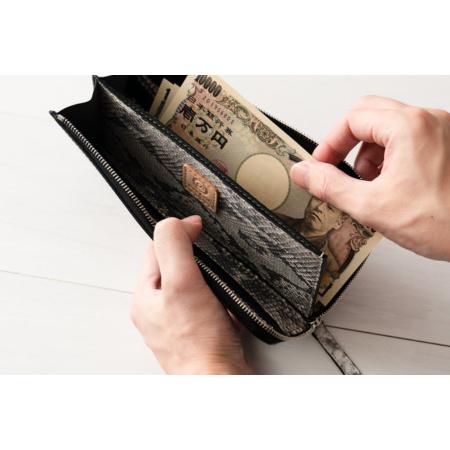ふるさと納税 Ｌ字ファスナー長財布【黒ヌメ×ヘビ革】Hide series(ハイドシリーズ) HS01BK 千葉県習志野市の画像