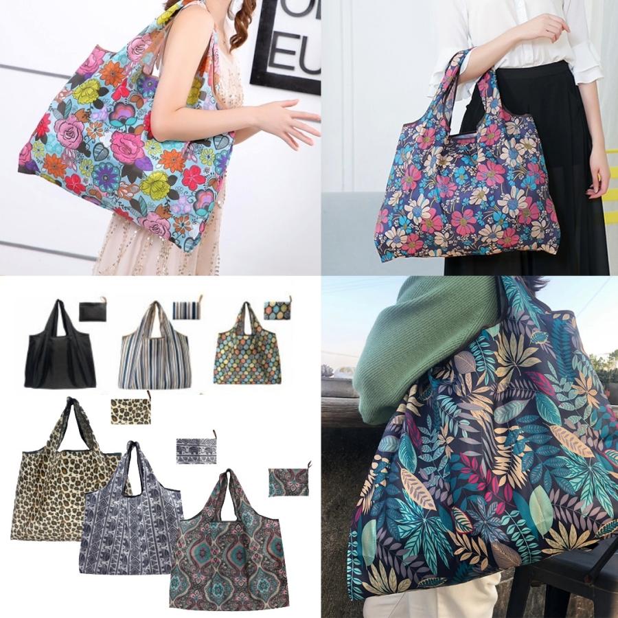 エコバッグ おしゃれ 大きめ 大容量 手提げ 収納 折りたたみ コンパクト  買い物 コンビニ  無地 花柄 ストライプ ヒョウ柄 ボタニカル | 