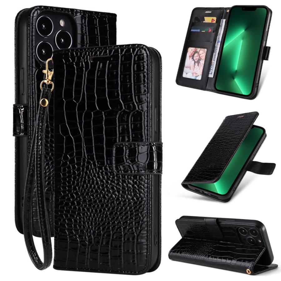 手帳型 iPhone16 iPhone15 iPhone14 iPhone13 iPhone12 pro スマホカバー PUレザー クロコダイル風 型押し カード収納 スマホケース アイフォン 携帯ケース 黒 | 