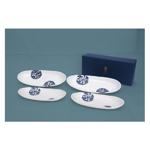 ふるさと納税 陶磁器・漆器・ガラス 熊本県 天草市 S026-008_天草 高浜焼カヌー皿 中2枚・小2枚 計4枚入りセット(青) 青の画像