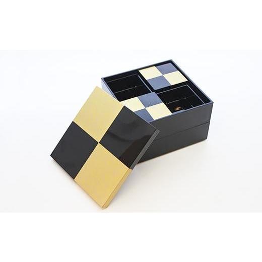 ふるさと納税 陶磁器・漆器・ガラス 石川県 - 山中漆器 市松GOLD6.5二段オードブル重（黒）（A）の画像