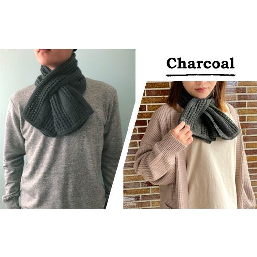 ふるさと納税 小物 ストール・マフラー 新潟県 五泉市 差し込み ショートマフラー ストライプ柄 ( チャコール ) ウール & アルパカ コード刺繍 レディース 日…