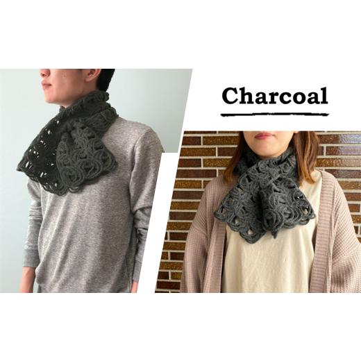 ふるさと納税 小物 ストール・マフラー 新潟県 五泉市 差し込み ショートマフラー ループ柄 ( チャコール ) ウール & アルパカ コード刺繍 レディース 日本製…